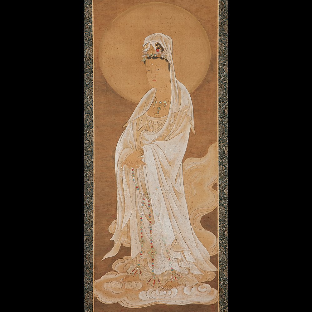 華 泉 筆 絹本彩色画 【 滝 観 世 音 図 】 共箱在 華 泉 筆 絹本彩色画 【 滝 観 世 音 図 】 共箱在 華 泉