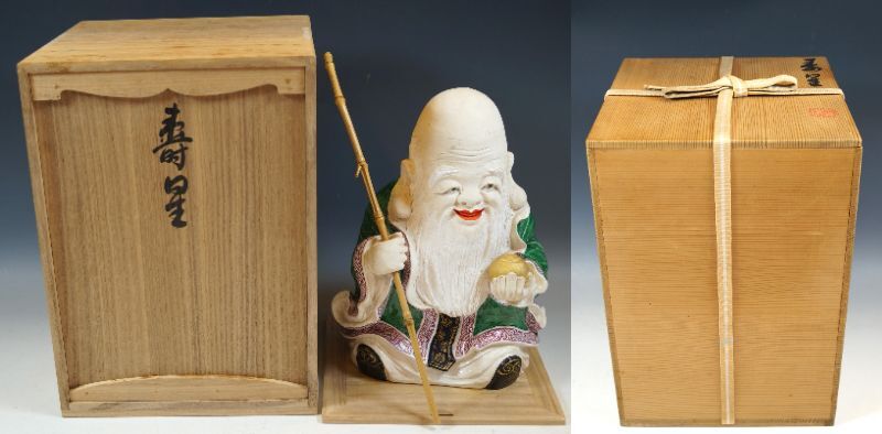 ■壱■三代 三浦竹泉(三浦竹軒) 倣仁阿弥翁意【寿星】金彩色絵 共箱 二重箱 本体高さ29cm 重さ 3000g 美術品 真作保証■_画像9