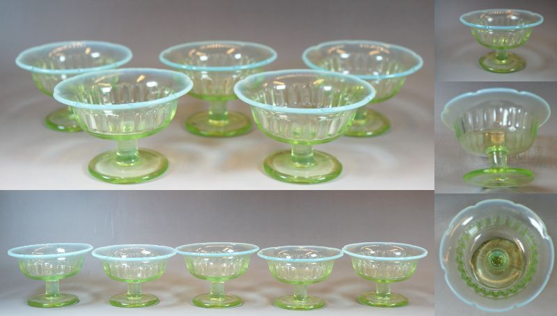 ☆壱☆ウランガラス 緑/乳白 輪花【氷コップ】5客set 気泡 古