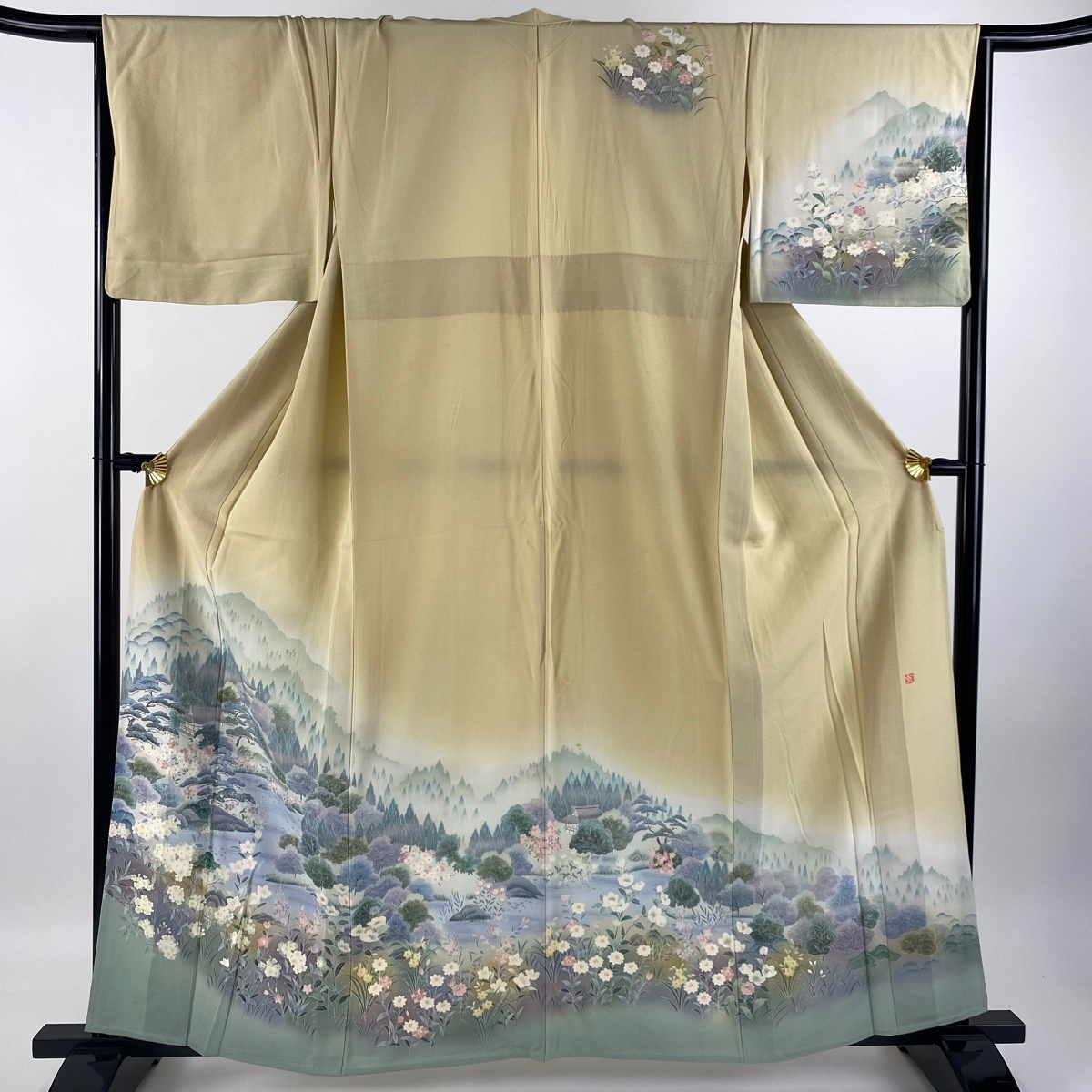 正絹 訪問着 風景柄 居敷当て無し 単衣正絹 訪問着 風景柄 居敷