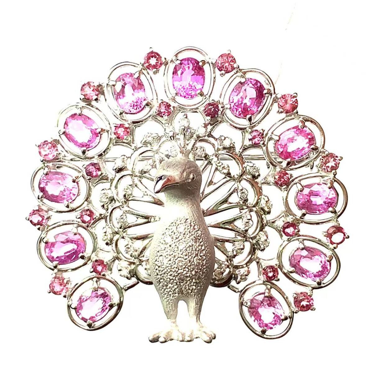 23193 クジャク ペンダント ブローチ ピンクサファイヤ 6.28ct ダイヤモンド ホワイトゴールド 18.3g_画像1