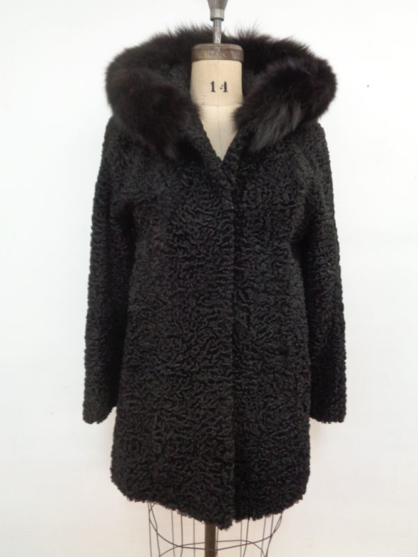 仕立て直し品・新品　ブラック・ペルシャンラム&フォックス毛皮ファー・コート　アメリカンサイズ4