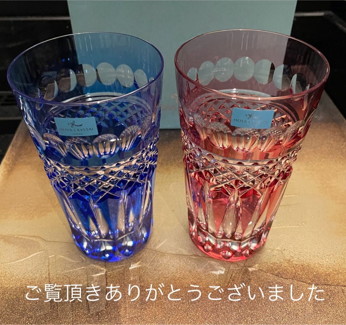 (新品未使用)HOYAクリスタル色被切子 グラス赤青 ペアセット木箱付き 新品未使用)HOYAクリスタル色被切子 グラス赤青 ペアセット木箱付き