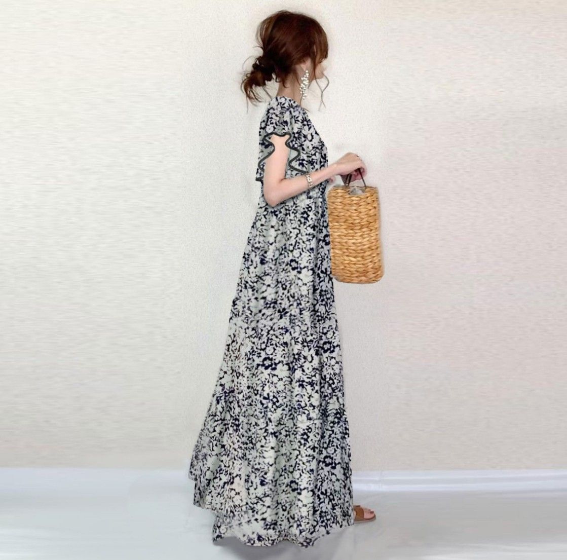 【RALPH LAUREN】花柄 タイネック フリル Aライン マキシドレス ロングワンピース マキシ丈 ノースリーブ フリル 夏 ドレス 体型