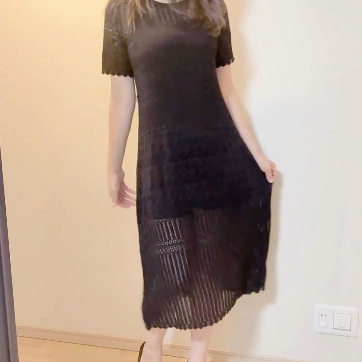 レディース 黒 網ニットワンピース GU Mサイズ