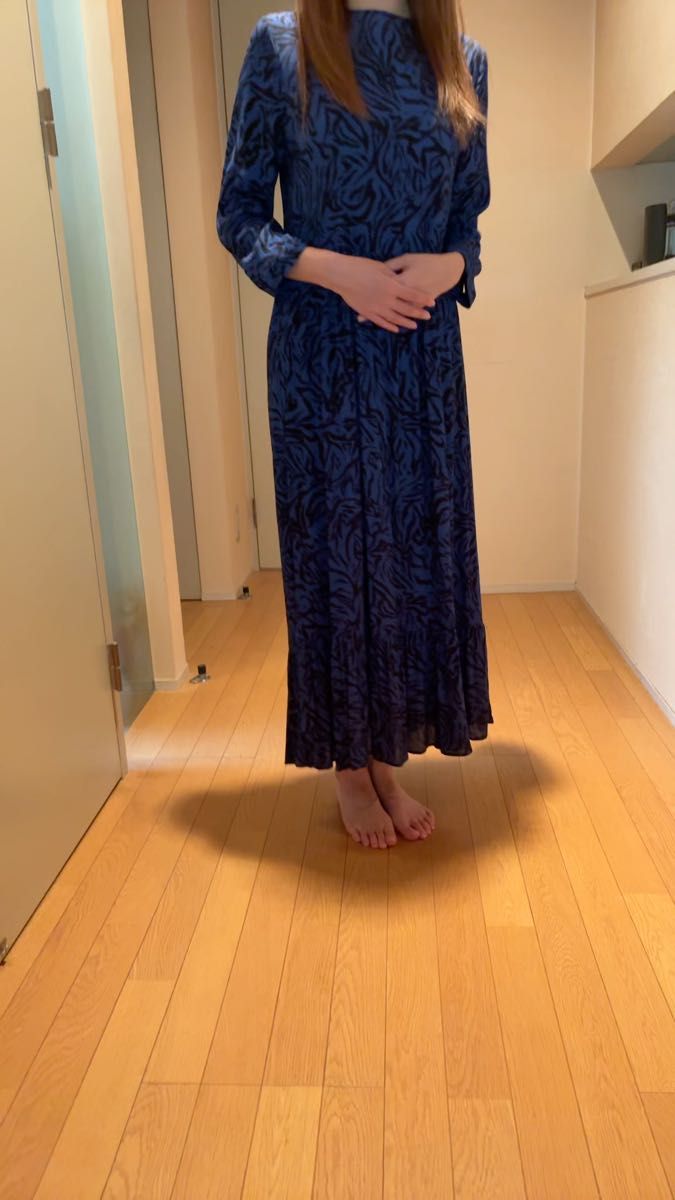 ZARA☆ロングワンピース ティアード ブルー ブラック 七分袖