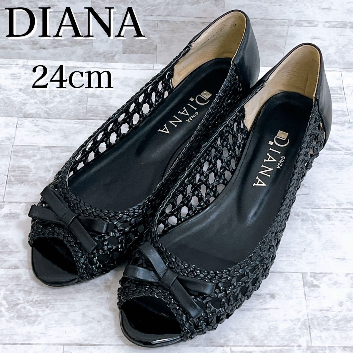 メッシュ ハイヒール パンプス リボン サンダル ブラック ドット DIANA ダイアナ メッシュ 編み込み パンプス オープントゥ