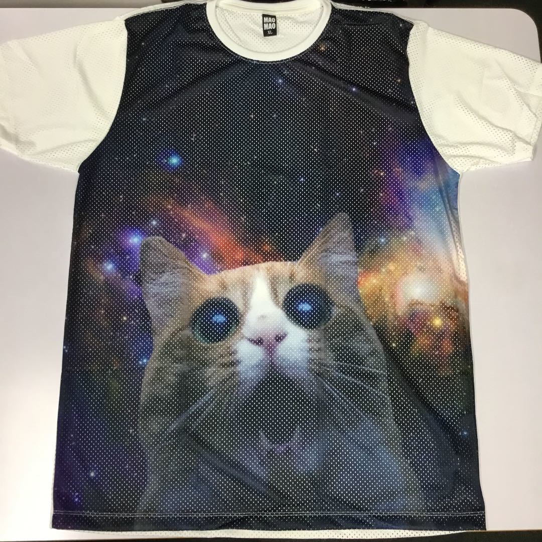 デザインメッシュ半袖Tシャツ XLサイズ　かわいい猫柄　びっくりネコ　DBR4C_画像1