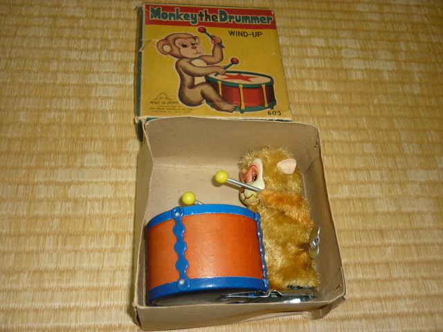 ■未使用近い 1960年代 共箱付き シール 玩具！ブリキ 日本製 富士プレス工業 モンキー・ザ・ドラマー Monkey the Drummer