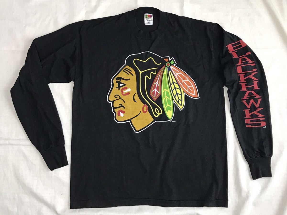 美品 90sビンテージ シカゴ ブラックホークス USA製 NHL オフィシャル 公認 フルーツオブザルーム インディアン ロンT 長袖 Tシャツ 古着