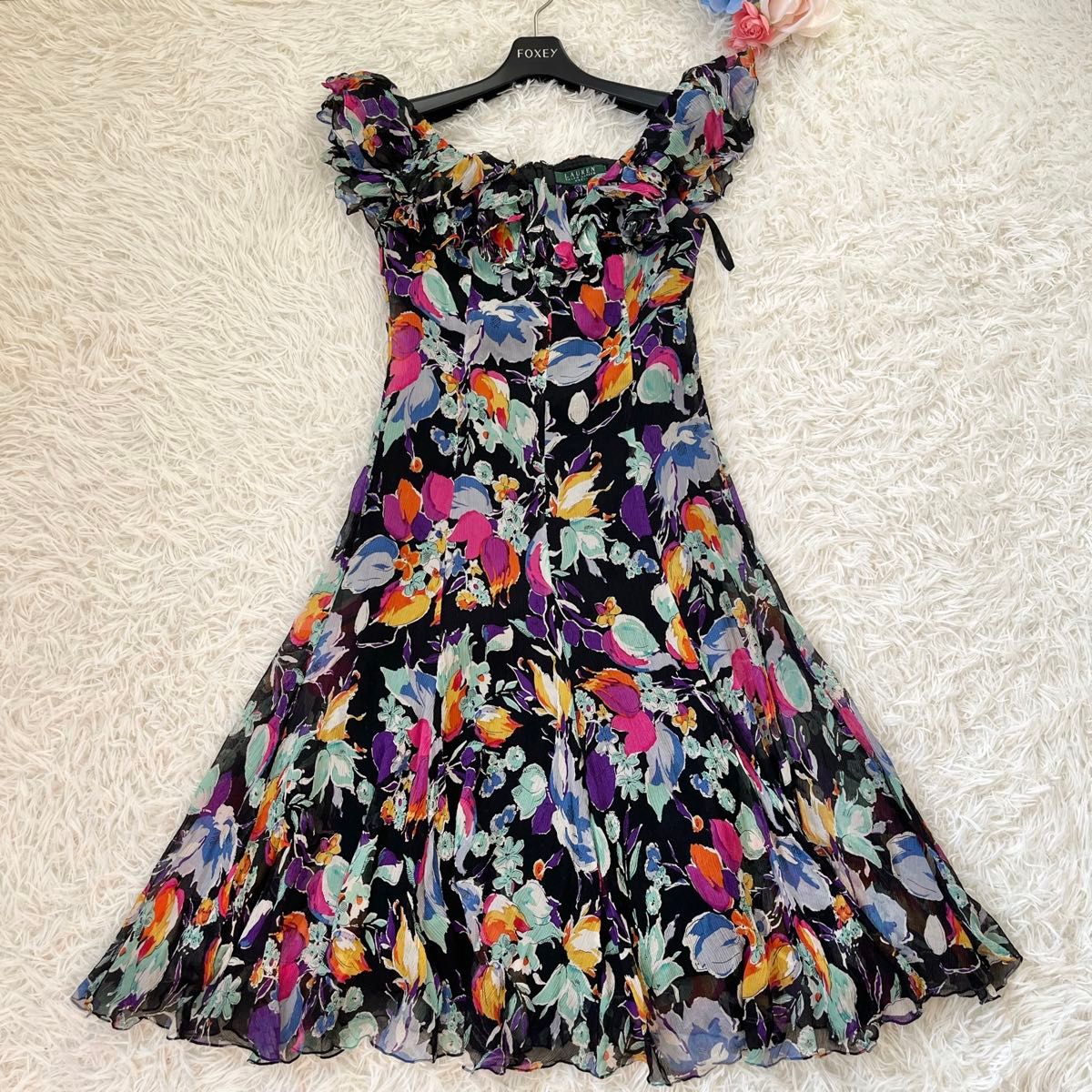 Lauren Ralph Laurenn フローラルオフショルダードレス 美品ローレンラルフローレン シルクフローラルラッフルオフ