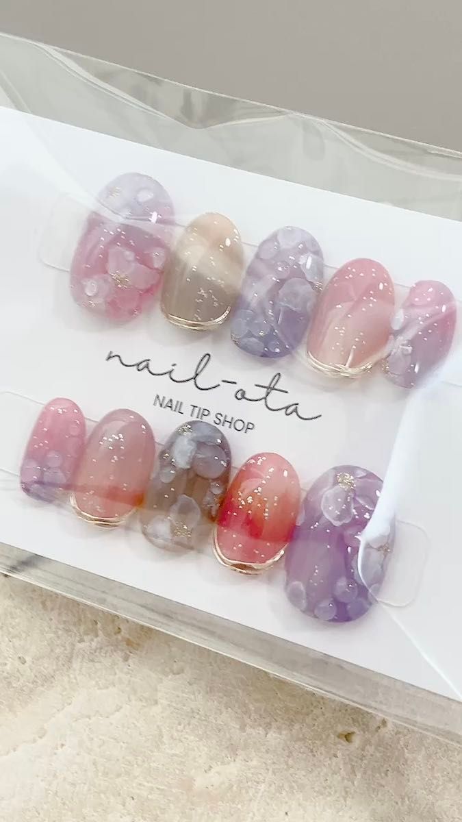 【スピード発送/現品販売】 ネイルチップ グラデーションネイル 夏ネイル 花 紫 オレンジ ピンク