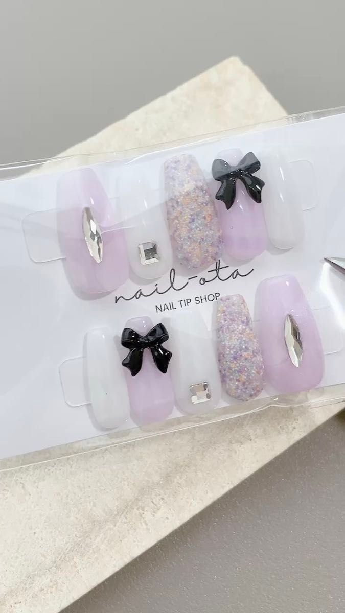 【スピード発送/現品販売】 ネイルチップ リボン ネイル ミディアムバレリーナ ギャルネイル