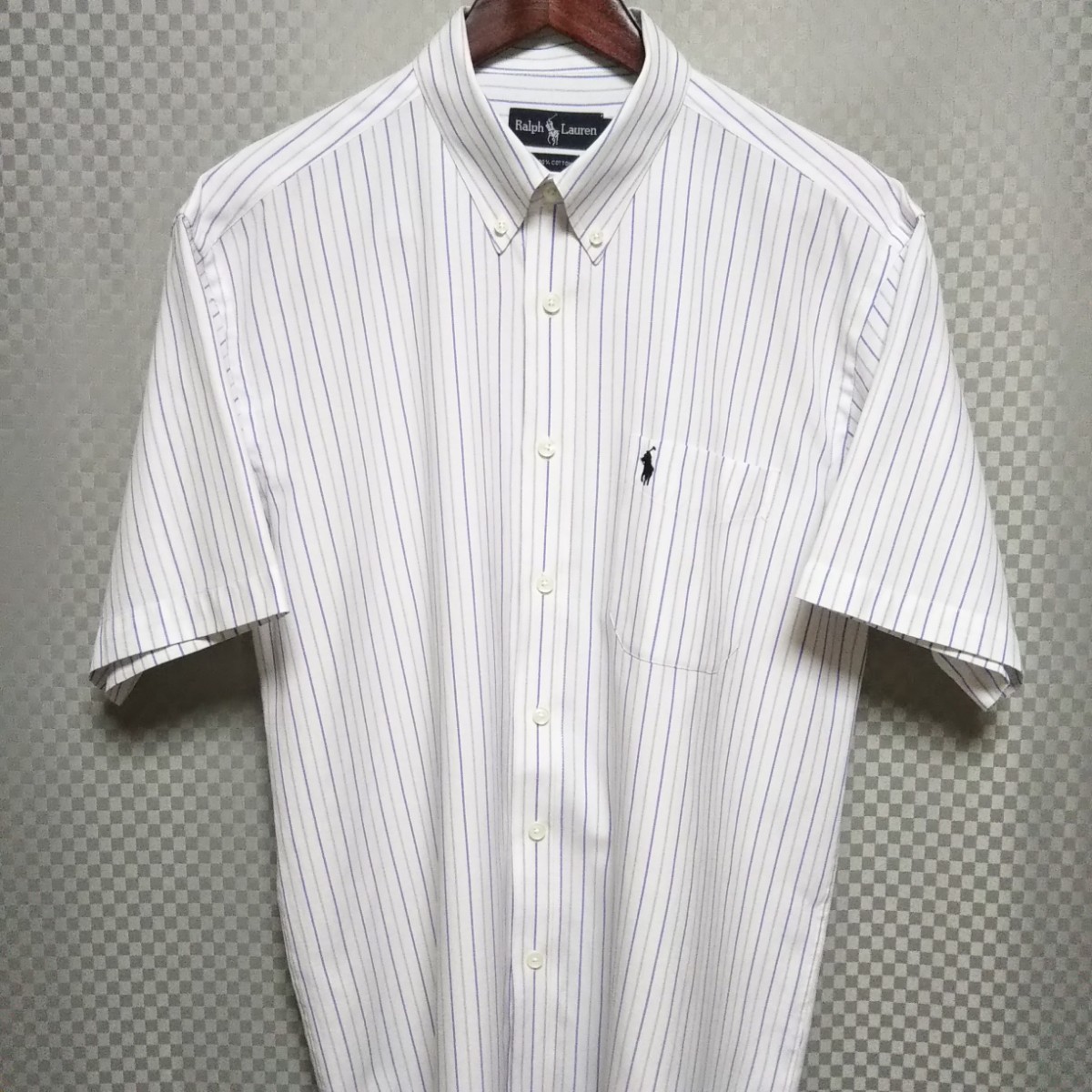 ラルフローレン☆ハーフボタンダウンシャツ 半袖 ストライプ柄 XL 白×青×灰