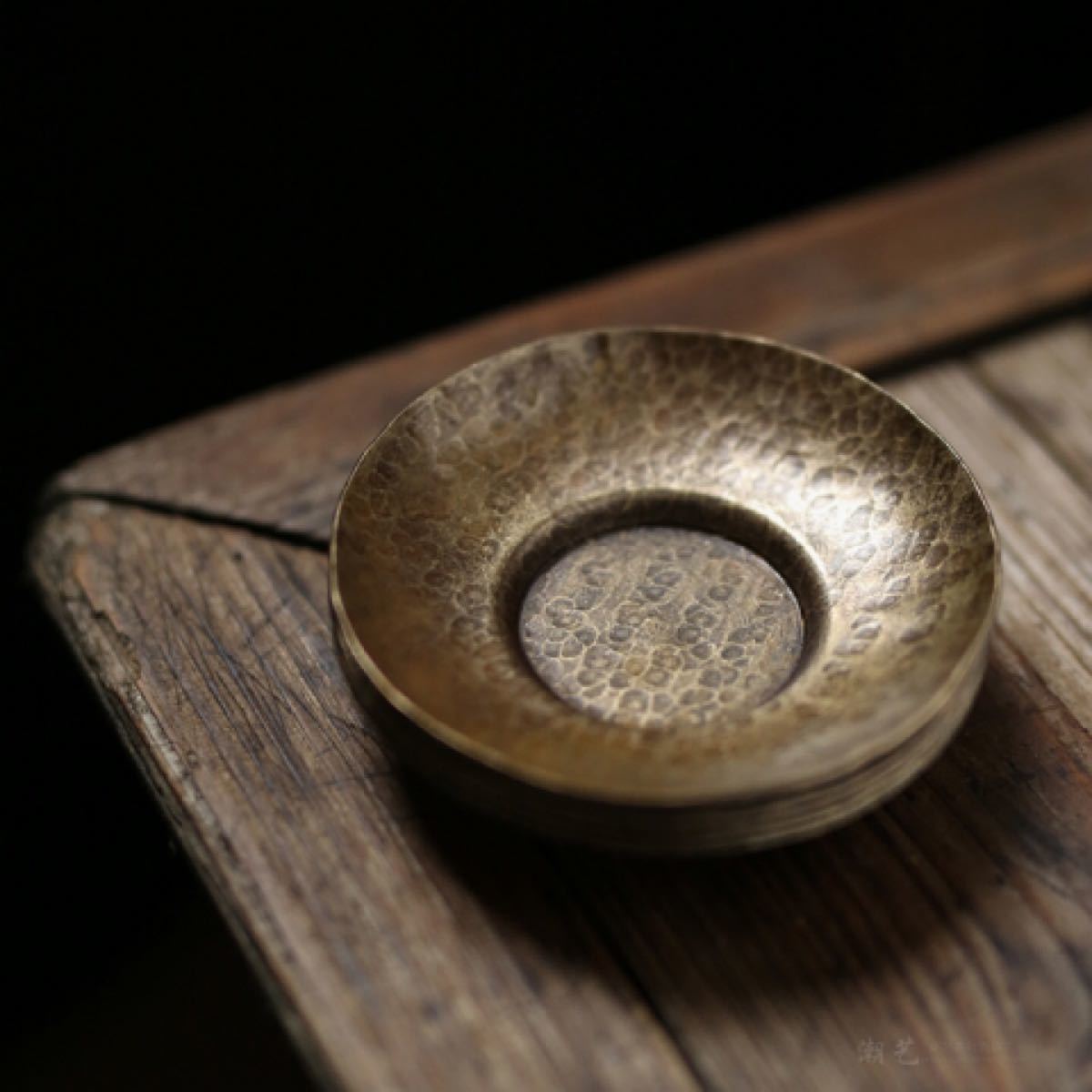 極美古銅煎茶道具 質感 鎚目紋 細工銅茶托5枚  銅製　 茶托