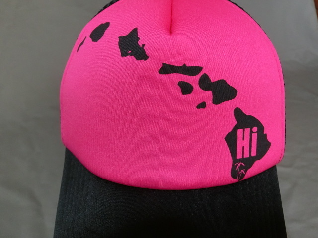 激レア USA購入 憧れのハワイ諸島 【HAWAII】 諸島プリント入りメッシュキャップ ピンク x ブラック 中古良品_画像1