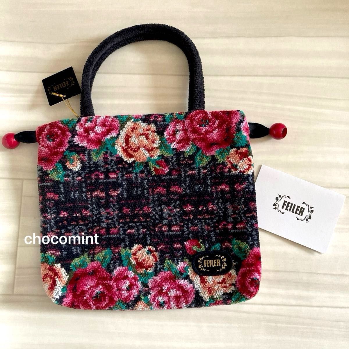 【希少美品】FEILER フェイラー ハンドバッグ 手付き巾着バッグ ローズ 新品未使用 FEILERフェイラー ロージーツイード 花柄ミニバッグ