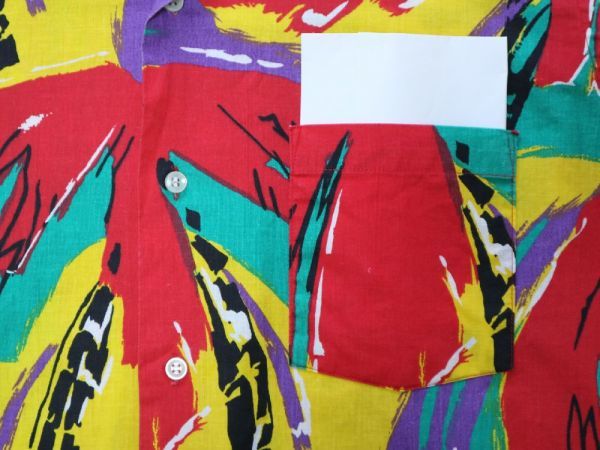 USA製 80s ビンテージ アートプリント ポップアート ヤシの木 ミュージアム メンズ オープンカラー 半袖 シャツ US- M サイズ//_左胸にポケット