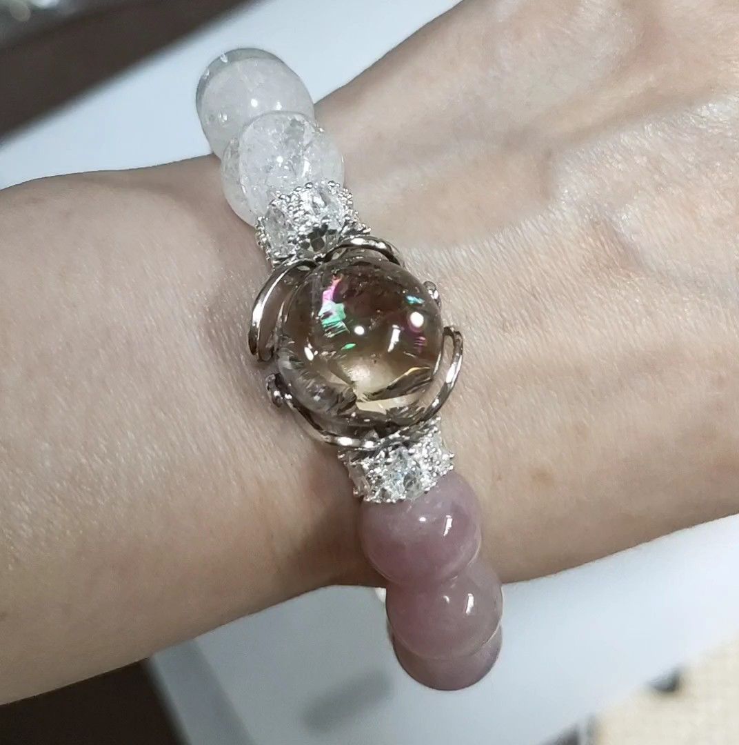 貫通穴なしアイリススモーキークォーツ×パープルローズクォーツ×水晶のパワーストーンブレスレット 天然石