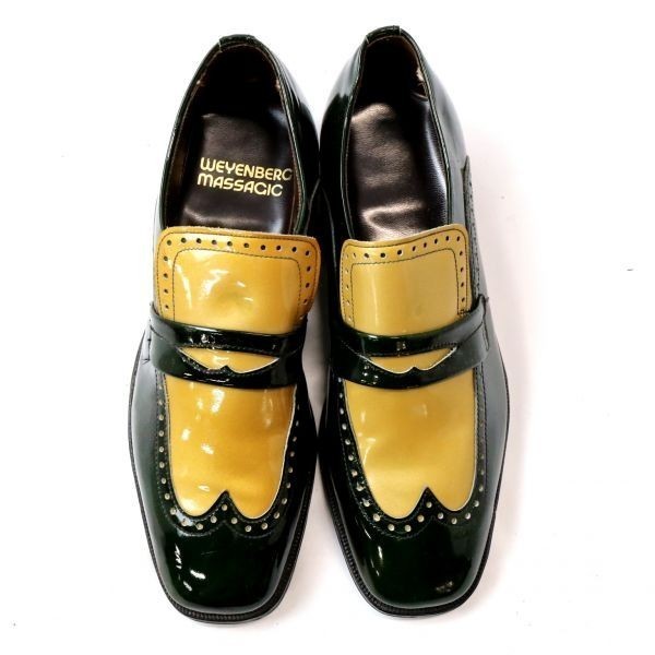 WEYENBERG 新作人気 MASSAGIC エナメルシューズ 人気ブランドの コンビネーション レザーソール 革靴 緑×ゴールド 2 7 古靴 1 USA古着卸 D Z4437