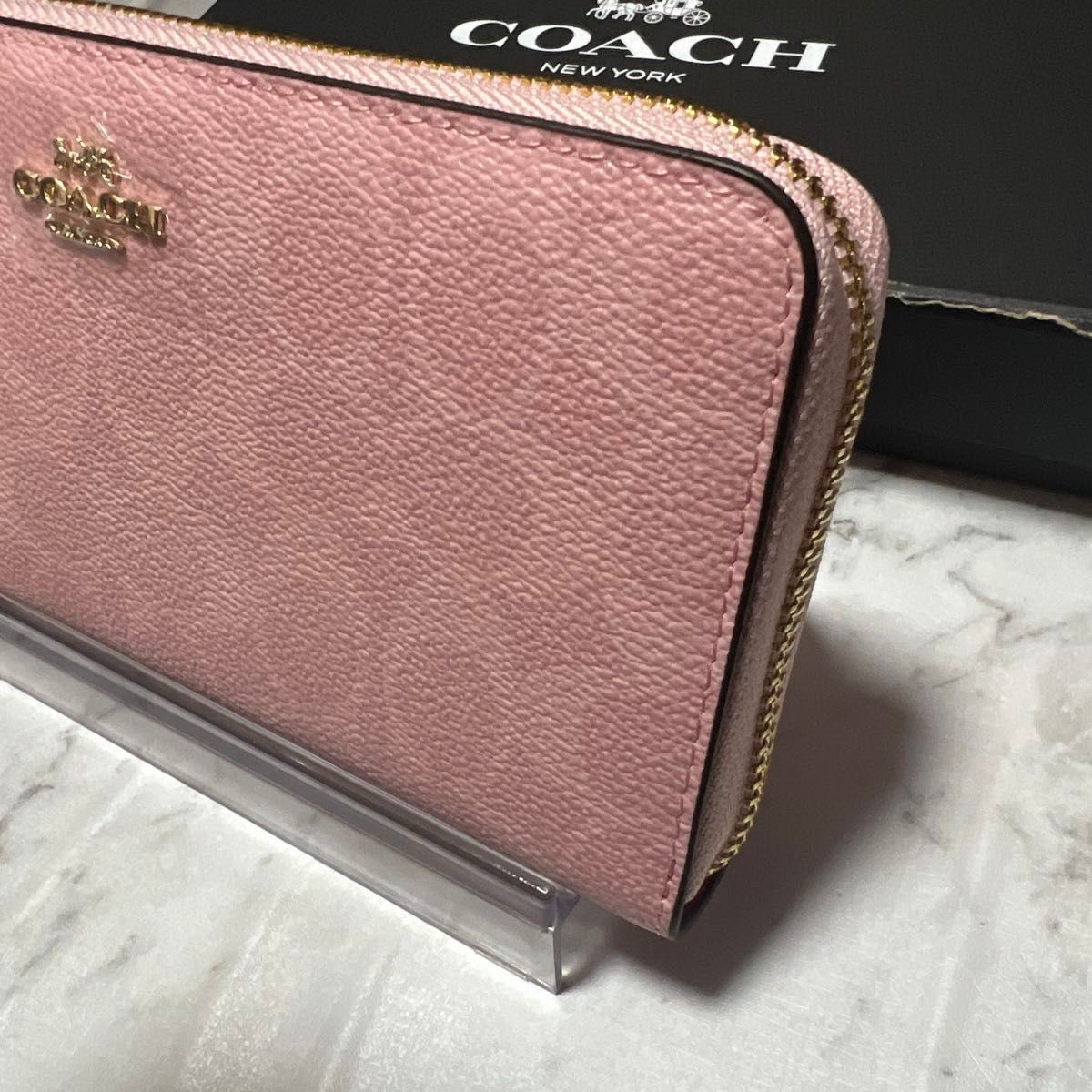 未使用級☆COACH コーチ 長財布 ダークブラウン ピンク ラウンドファスナー ピンク 人気 COACH 長財布 シグネチャー ラウンドファスナー新品