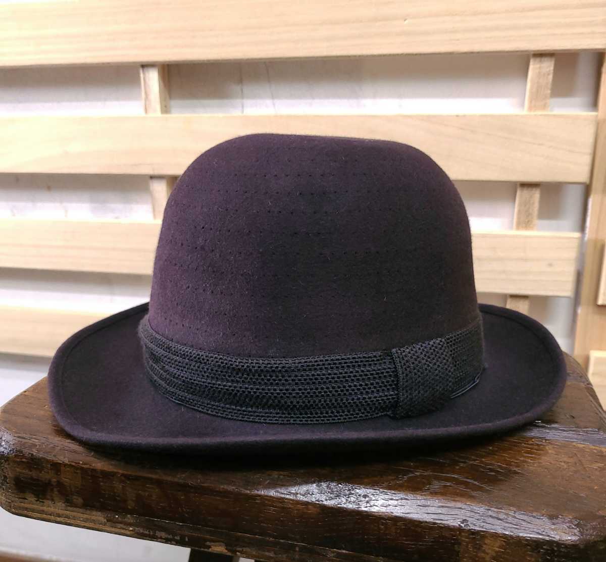 ヴィンテージ☆Borsalino ボルサリーノ トラヤ帽子店 フェルトハット イタリア製 ブラック メッシュ antica casa 希少