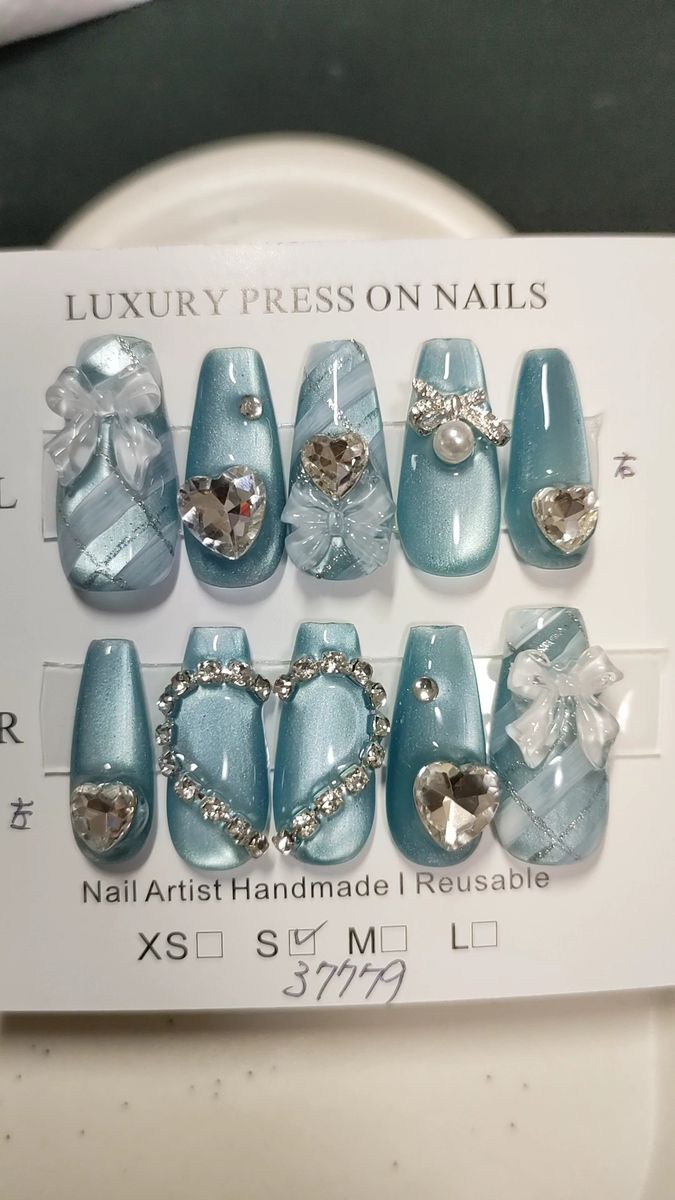 ネイルチップ現品バレリーナ チェック柄 うるうる水色マグネットネイル バレンタインネイル フレンチガーリー リボン量産型ワンホン