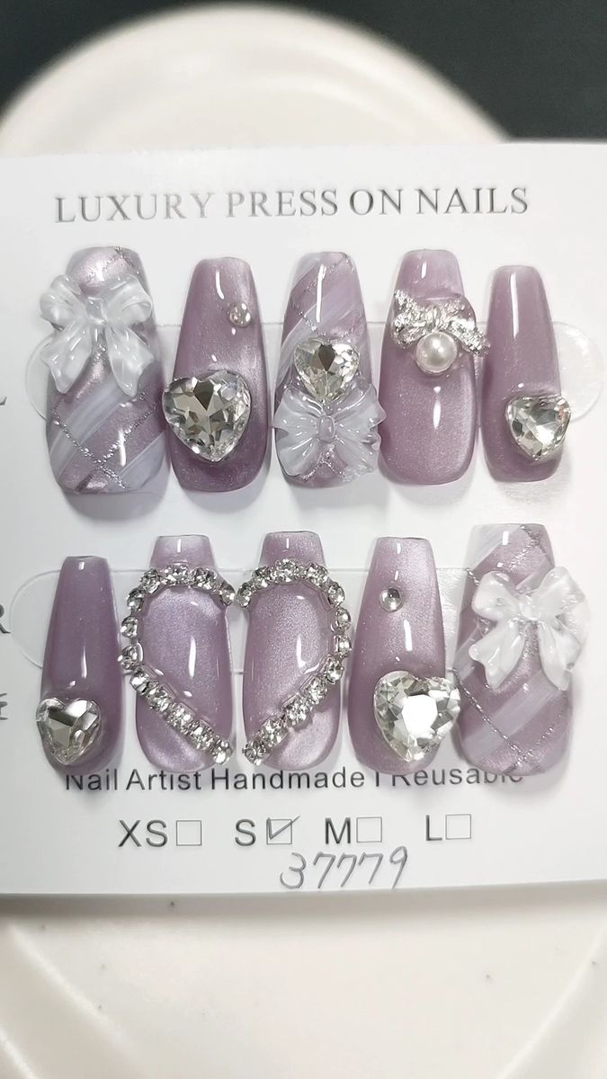 ネイルチップ現品バレリーナ チェック柄 うるうるマグネットネイル 紫ネイル パープルネイル フレンチガーリー リボン量産型ワンホン