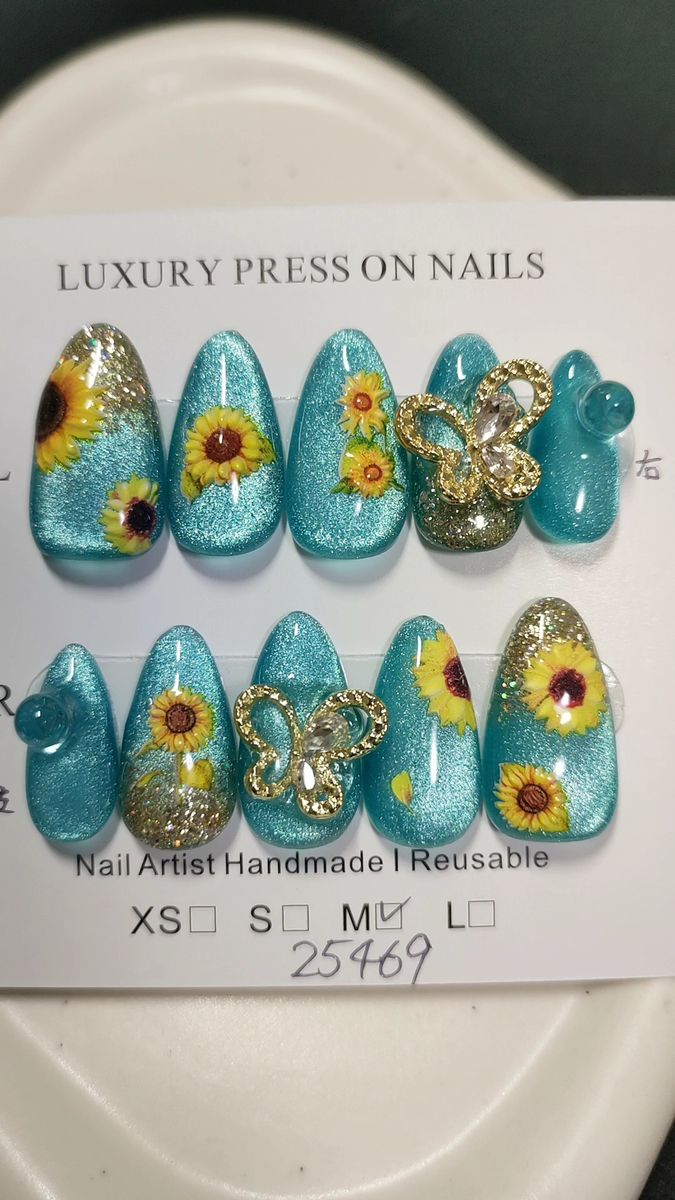 ネイルチップ現品のみ アーモンド 蝶々ネイル ヒマワリネイル 夏色マグネットネイル 個性派ネイル 大人ネイル ブルーネイル