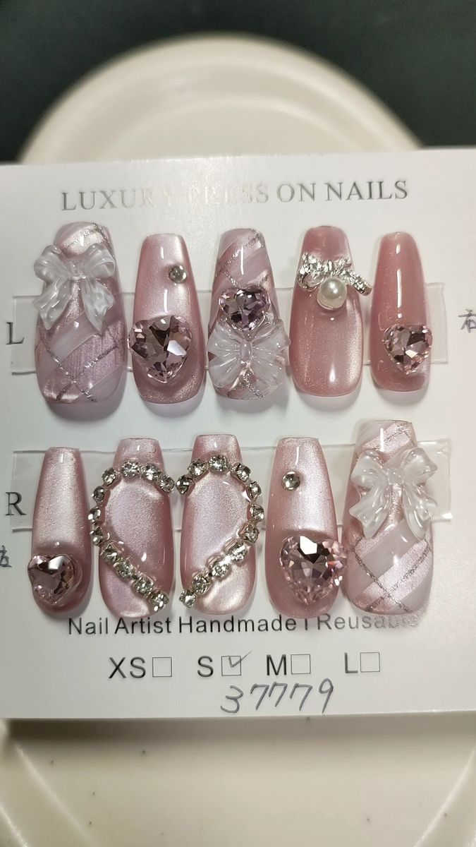 ネイルチップ現品バレリーナ チェック柄 うるうる微粒子ピンクマグネットネイル フレンチガーリー リボン量産型ワンホンb