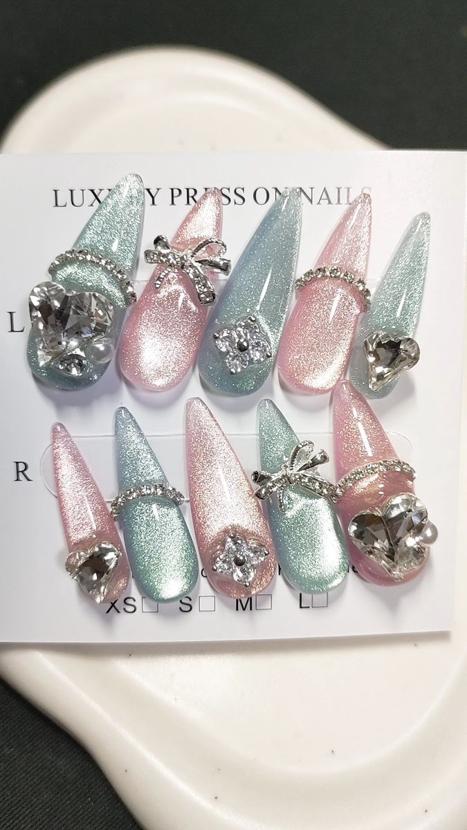 ネイルチップ現品 ロング フレンチ×ピンク×水色 うるうるマグネットネイル フレンチガーリー リボン 夏ネイル ぷるマグ