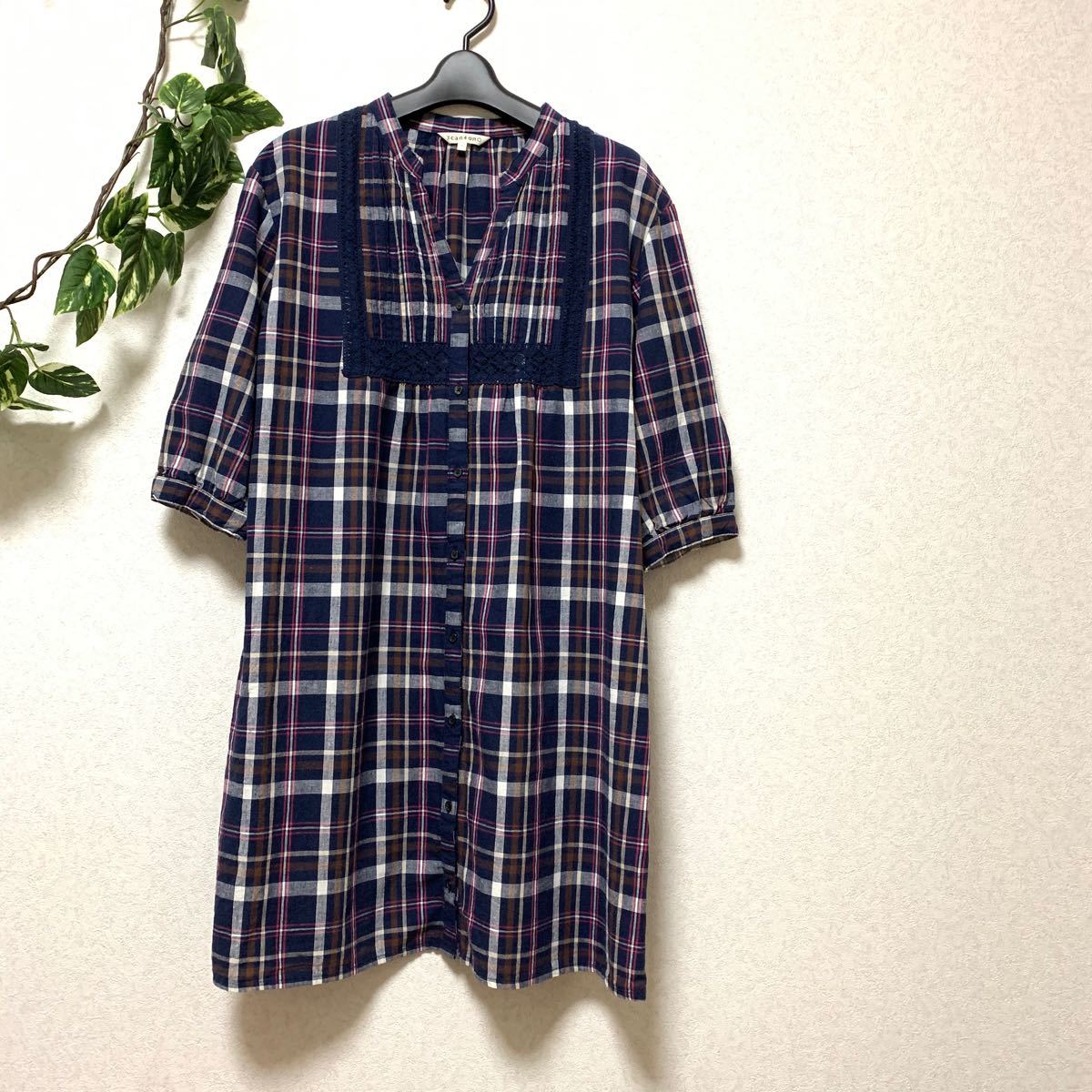 チェック シャツワンピース　3can4on 夏服 体型カバー　リネン混