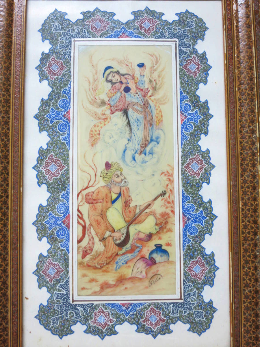 イスラム美術 ペルシャ 絵画「天女仙人図」 モザイク組木七宝額 イスラム美術 ペルシャ 絵画「天女仙人図」 モザイク組木七宝額