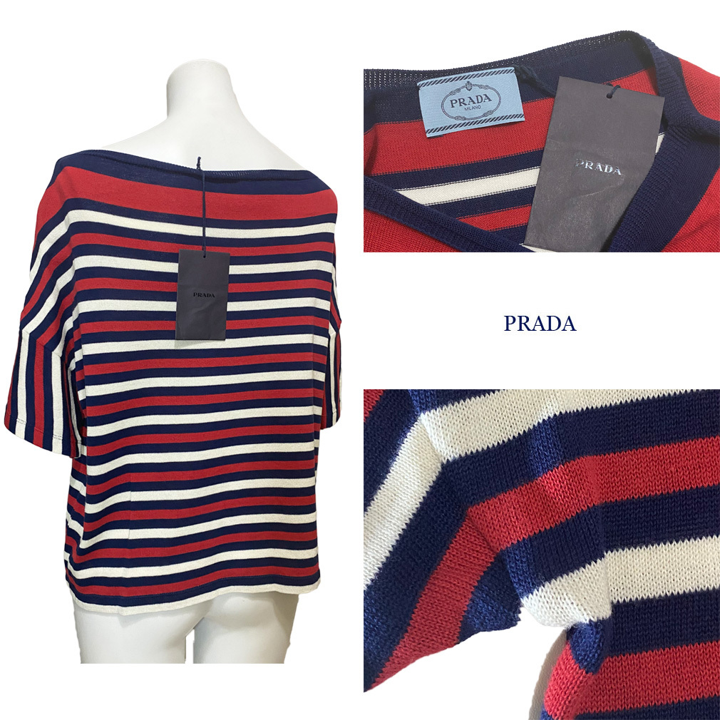  new goods Prada PRADA cotton border cut and sewn red × navy blue × white #40*