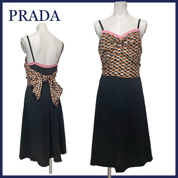 新品プラダPRADA幾何学プリントシルクスカーフ ワンピース黒#38
