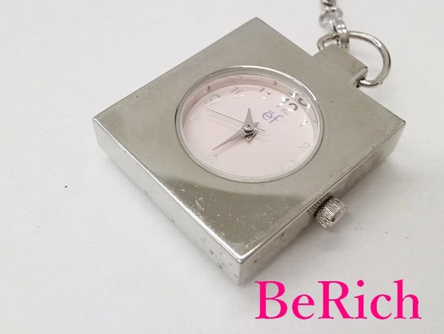  full - bell FLOUVEIL pocket watch pocket watch pink face SS silver chain QZ quartz analogue watch [ used ]ht1365