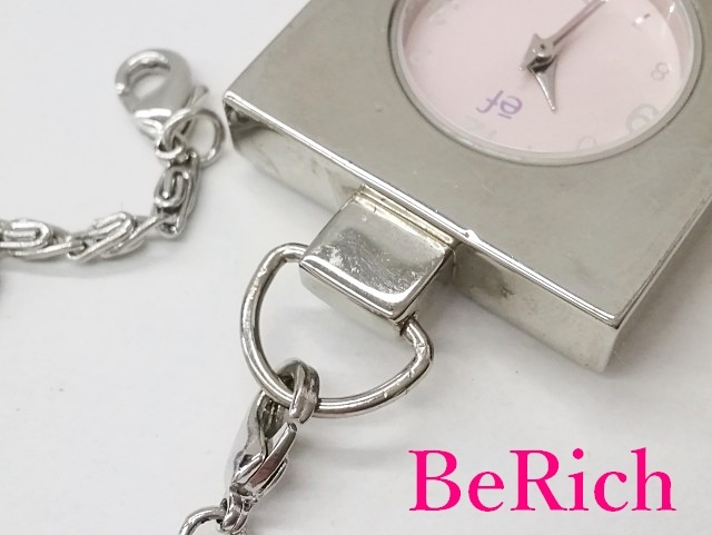  full - bell FLOUVEIL pocket watch pocket watch pink face SS silver chain QZ quartz analogue watch [ used ]ht1365
