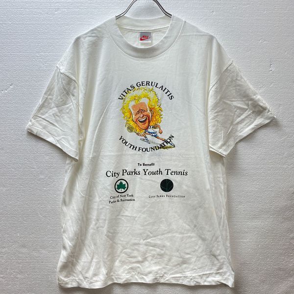 デッドストック USA製 90's ナイキ NIKE 銀タグ 両面プリント Tシャツ (M) Vitas Gerulaitis 半袖 白 90年代 アメリカ製