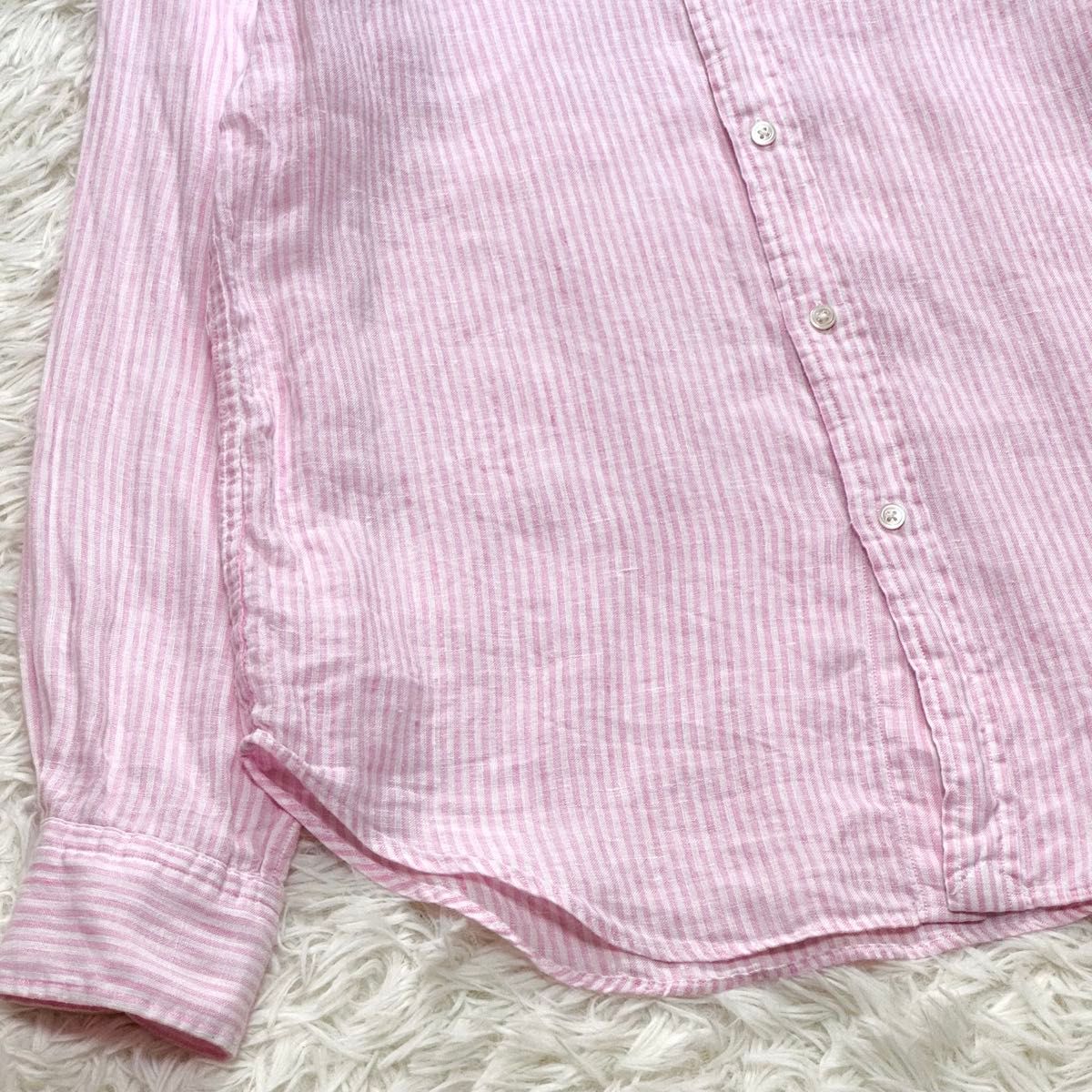 美品★POLO |現行タグ ピンク ストライプ ポニー刺繍 リネンシャツ M ポロラルフローレン リネンシャツ ストライプ ピンク ポニー刺繍
