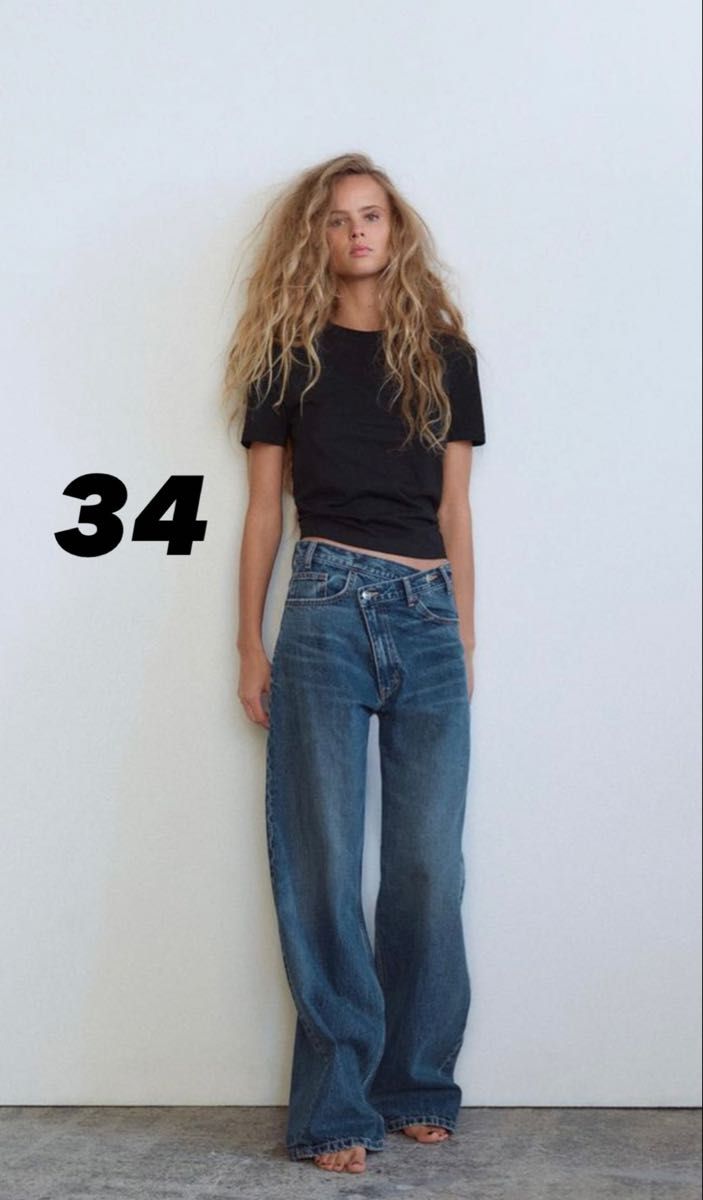 ZARA TRF ハイウエストクロスオーバーワイドレッグジーンズ 34 ネイビー 完売品 ZARA TRFハイウエストクロスオーバーワイドレッグ