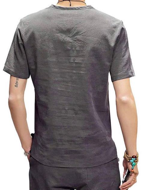 スウェット Vネック 半袖 tシャツ メンズ 麻 無地 大きいサイズ カジュアル 夏服 tシャツ　グレー　2XL