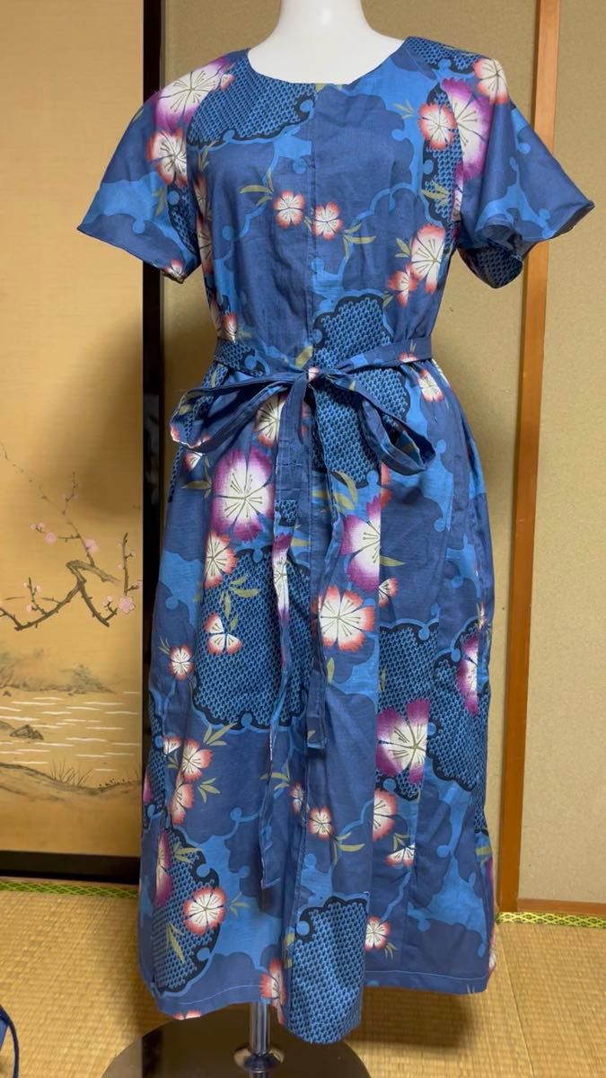 巾着付き 浴衣リメイク 素敵な柄のワンピース ハンドメイド