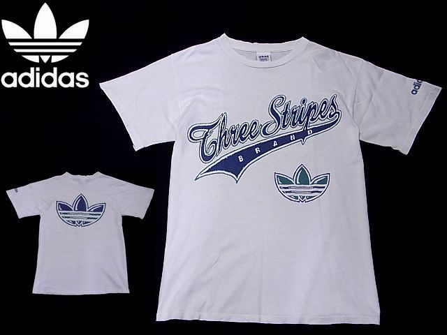 USA製　adidas THREE STRIPES Tシャツ　色：白　SIZE：M　アディダス トレフォイルロゴ　両面ロゴ　ビックロゴ　90S　OLD_画像1