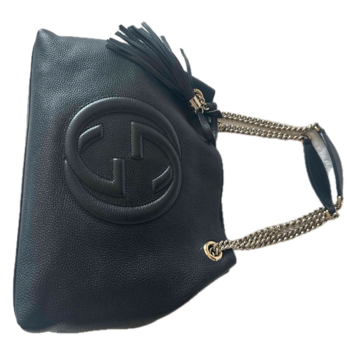 【セール♪】GUCCI☆フリンジがわいいチェーンショルダーバッグ グッチ GUCCI ソーホー レザー ショルダーバッグ 黒 チェーン