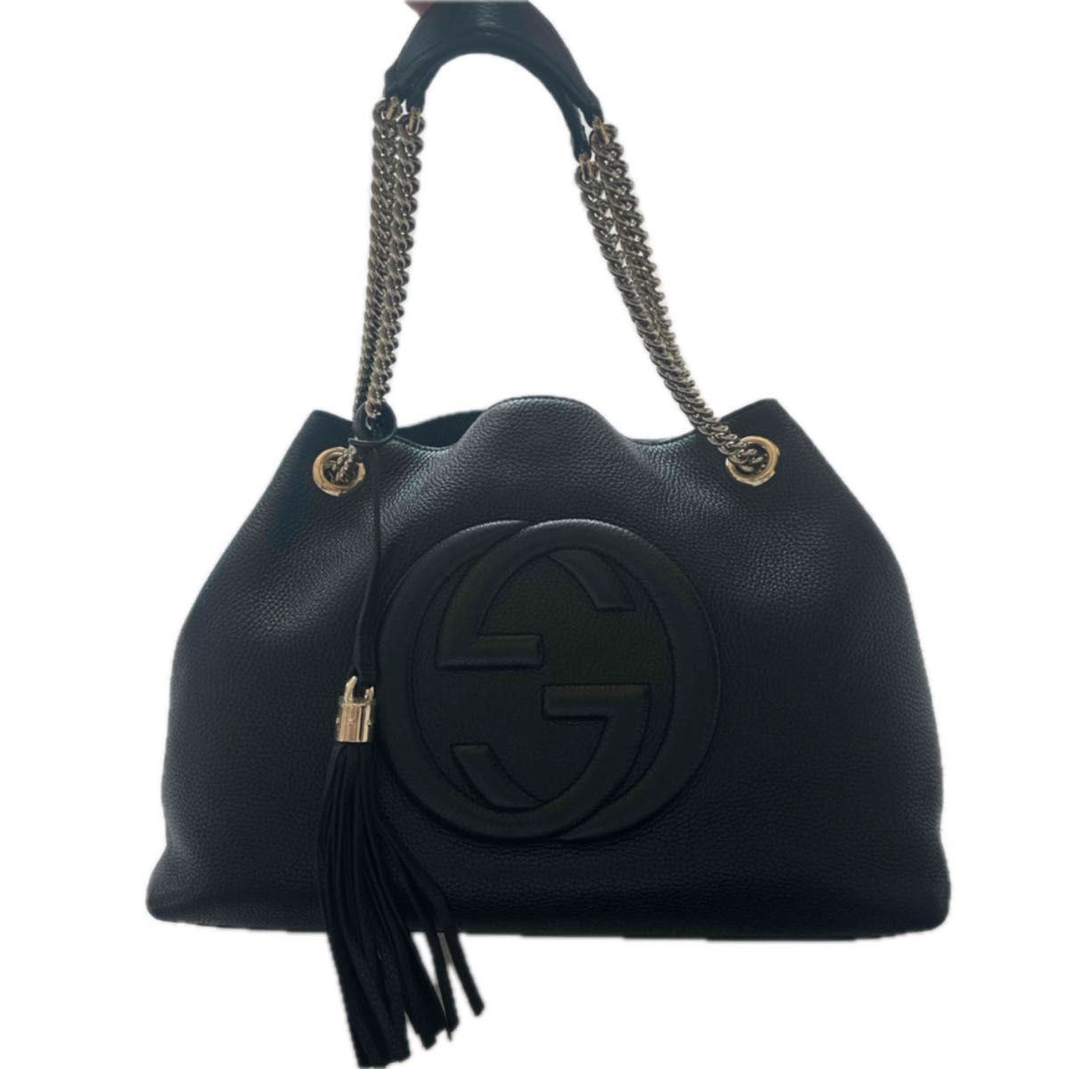 【セール♪】GUCCI☆フリンジがわいいチェーンショルダーバッグ グッチ GUCCI ソーホー レザー ショルダーバッグ 黒 チェーン