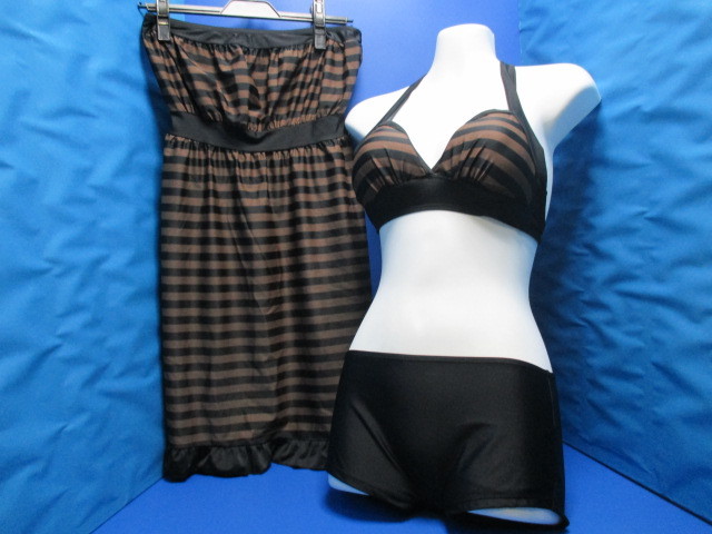  free shipping * new goods * prompt decision *nissennisen tankini body type cover swimsuit 3 point set S size border black & Brown * separate *4119