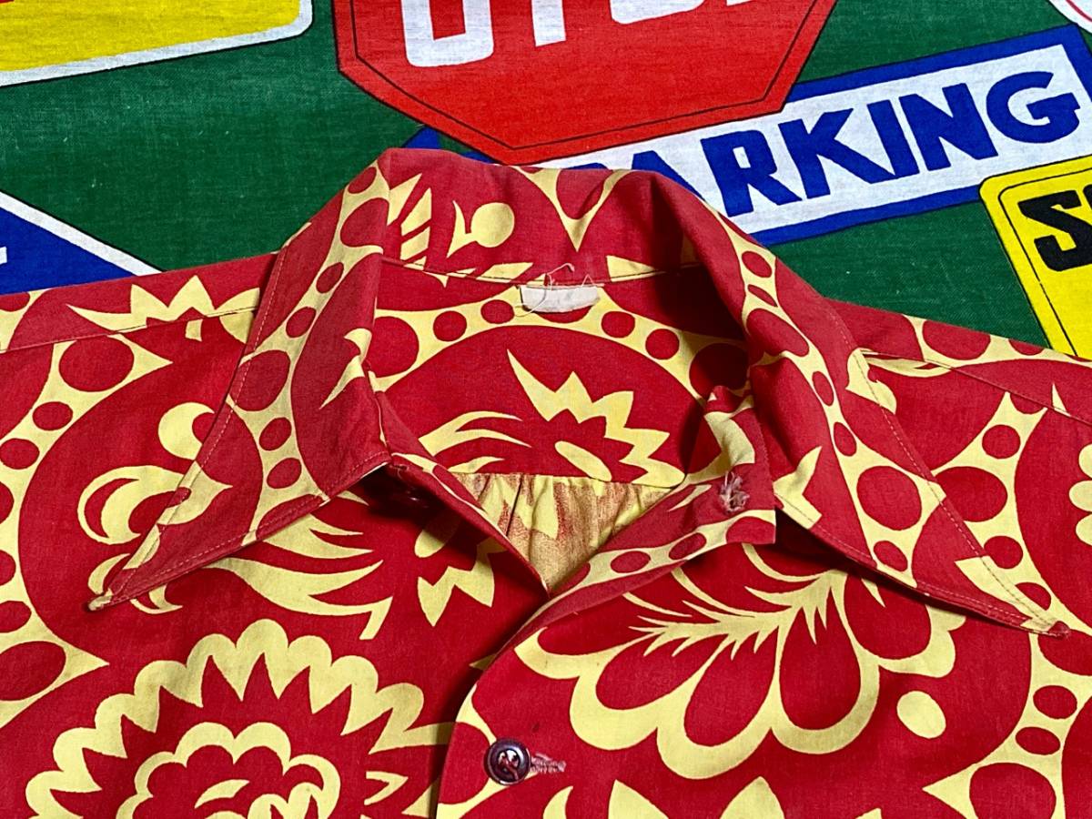 マイアミスタイルな1枚 Made in USA製アメリカ製ビンテージハワイアンシャツアロハシャツ30s40s30年代40年代花柄フラワープリント赤黄ML