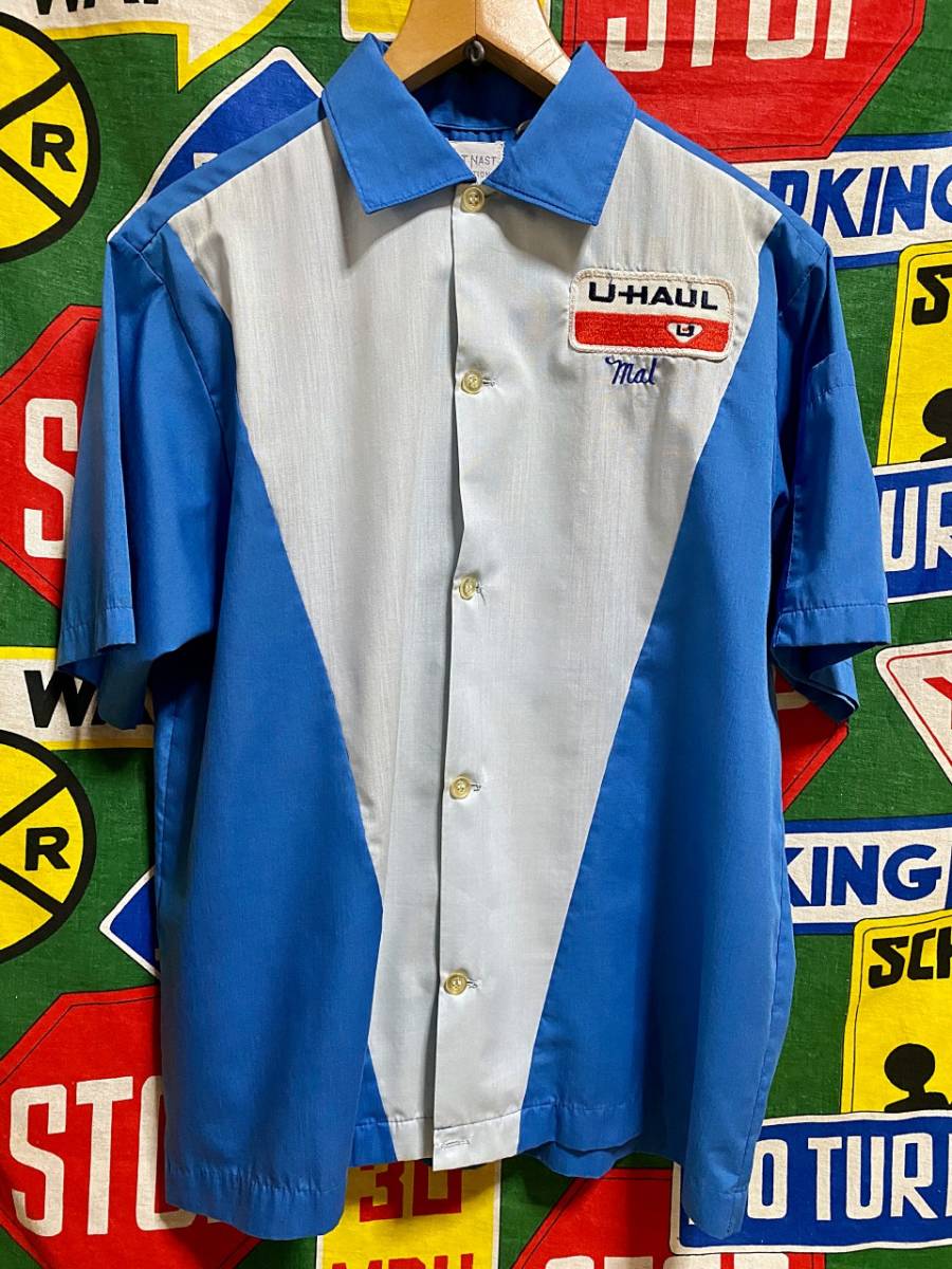 ★NICEカラーの1著★Made in USA制アメリカ制NATNASTナットナストビンテージボーリングシャツV字切替ツートン70sワッペンチェーンステッチ