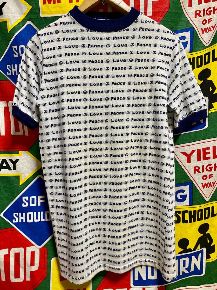 ☆LOVE&PEACE☆Made in USA製アメリカ製ビンテージャガードTシャツ70s70年代ラブアンドピースヒッピーカルチャーアメリカンカルチャー白青_画像2