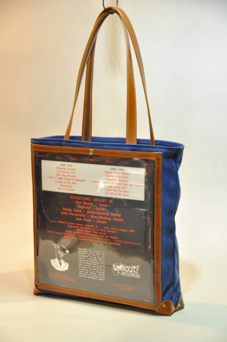 LP レコードバッグ　青色　帆布バッカス生地ｘレザー　LPサイズの肩掛けトートバッグ　男女兼用　送料無料